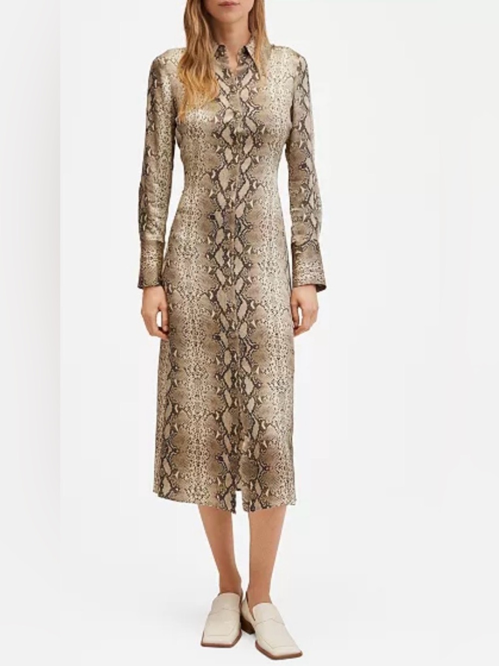 Mango MNG Snake Print Midi Shirt Dress‎ US 4 Long Sleeve Button Front Animal